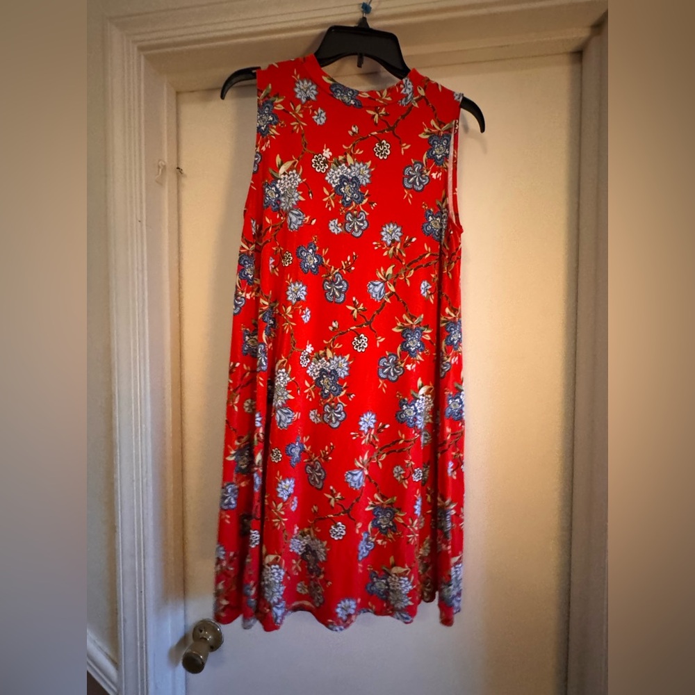LOFT Red & Blue Floral Sleeveless Midi Dress Size Medium Petite